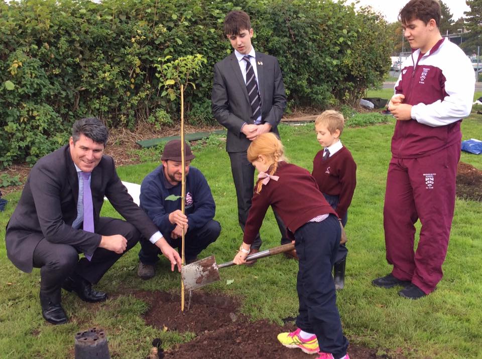 School Monitors help Prep and Pre-Prep pupils plant trees in the new Orchard at Bromsgrove Prep, 17th October 2016
